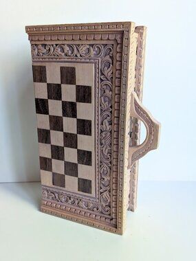 Ornate Hand Carved Wooden Chess Folding Board (No Chess) w/Clip Latch Closure
